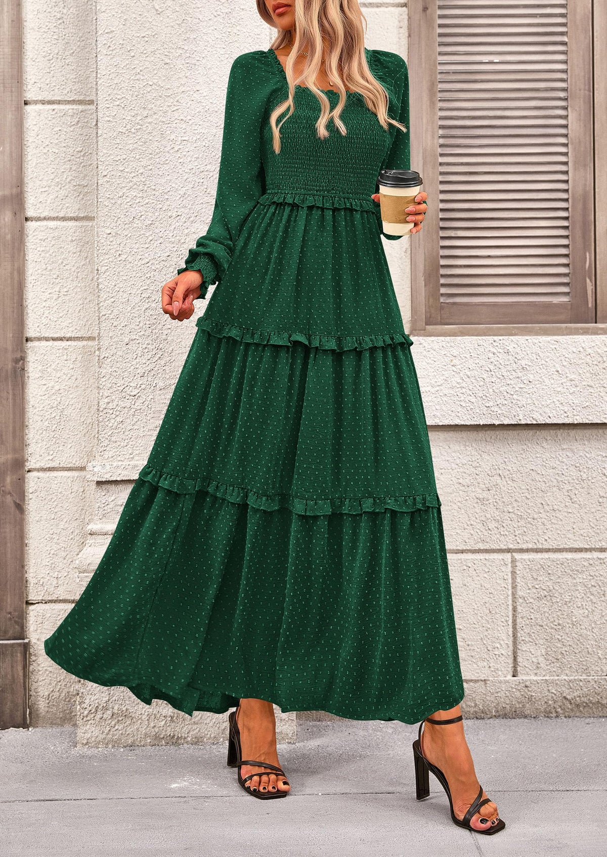 Beige Swiss Dot Smocked Tiered Maxi Dress - Long Sleeve, photo 90