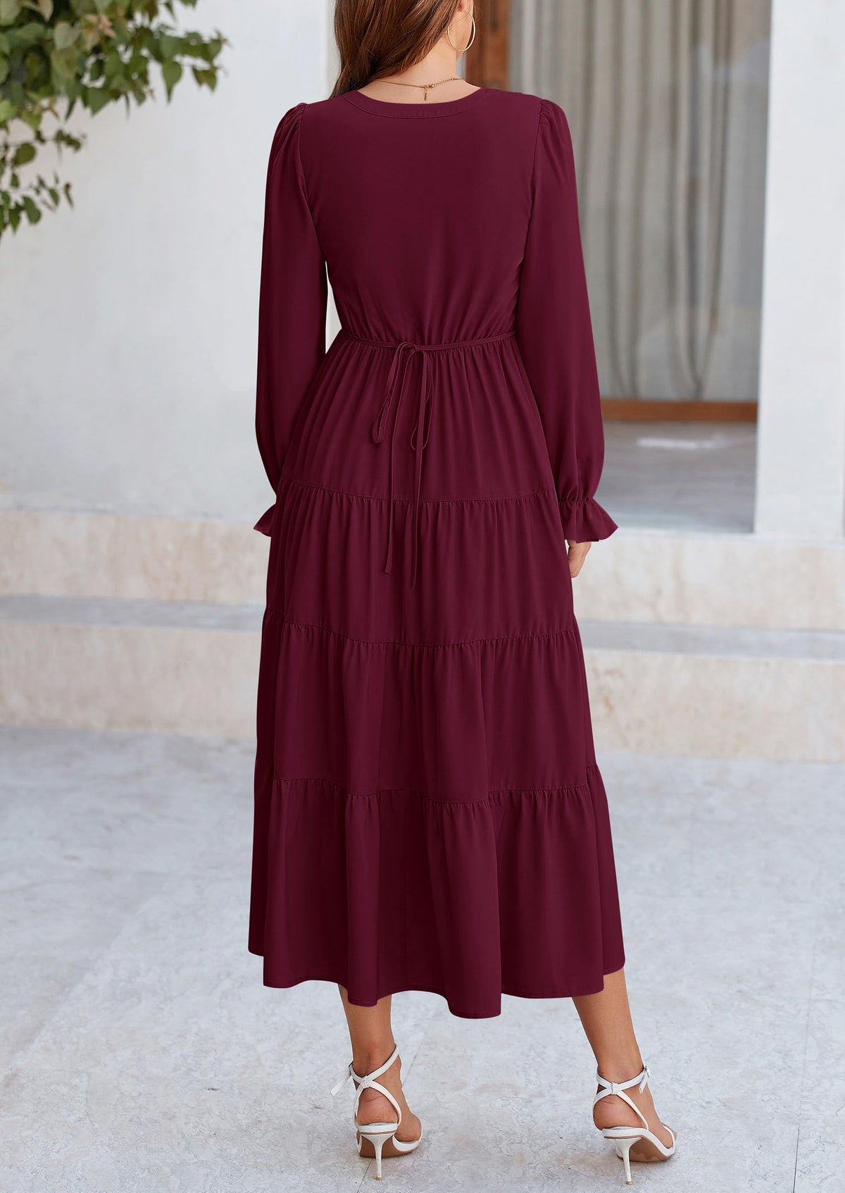 Brick Red Swiss Dot Smocked Tiered Maxi Dress - Long Sleeve, photo 97