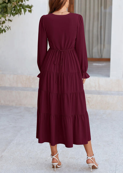 Brick Red Swiss Dot Smocked Tiered Maxi Dress - Long Sleeve, photo 97