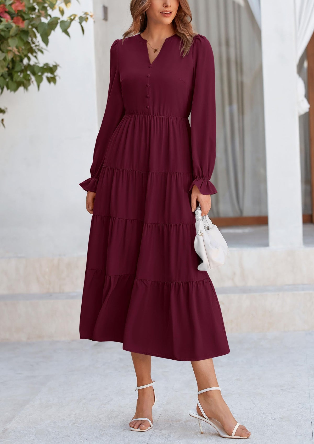 Brick Red Swiss Dot Smocked Tiered Maxi Dress - Long Sleeve, photo 98