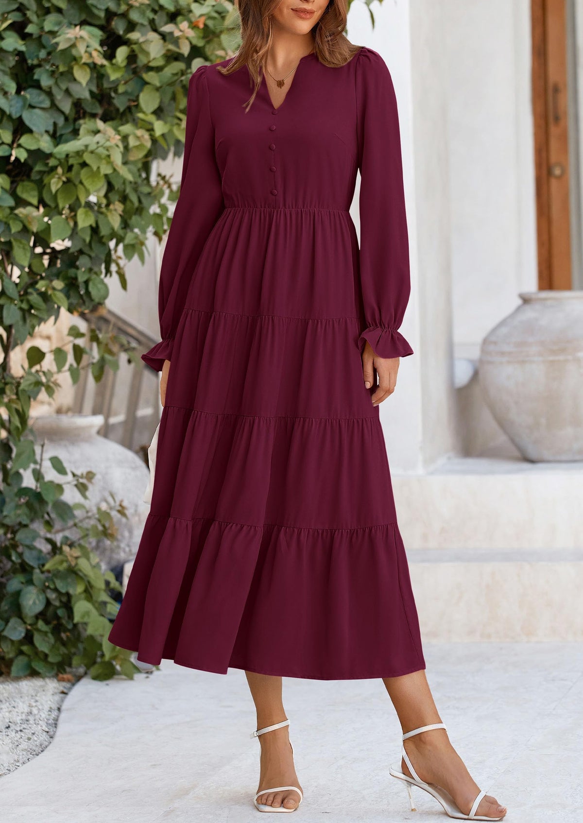 Brick Red Swiss Dot Smocked Tiered Maxi Dress - Long Sleeve, photo 99