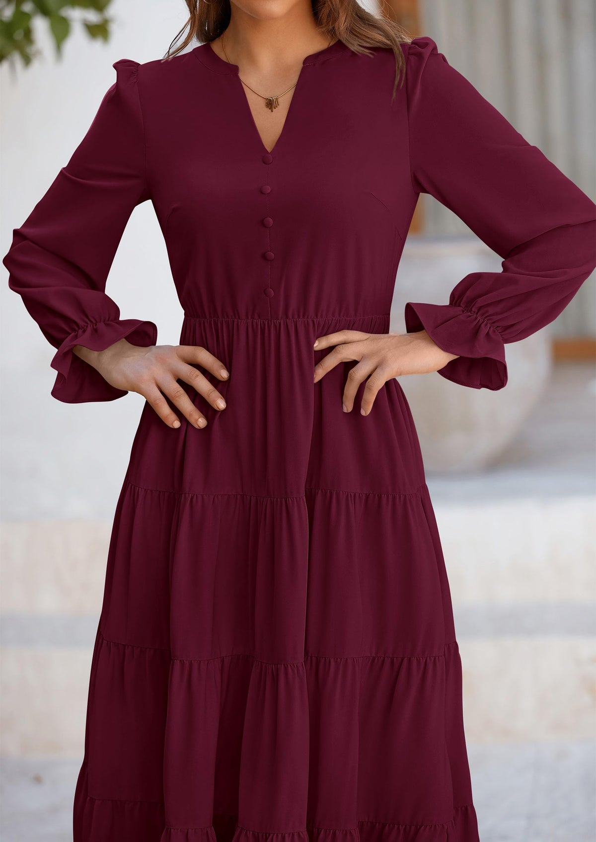Brick Red Swiss Dot Smocked Tiered Maxi Dress - Long Sleeve, photo 100