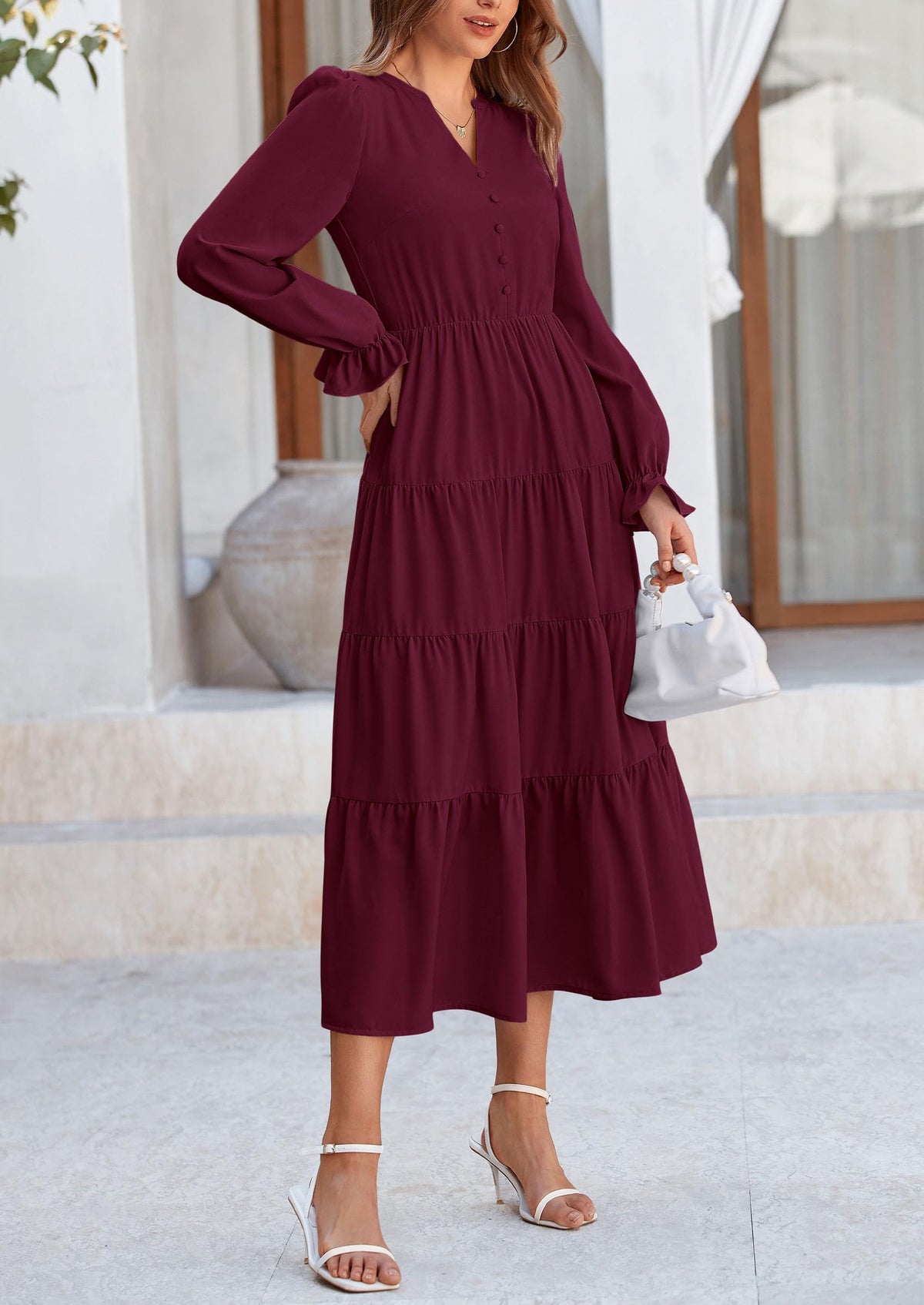 Brick Red Swiss Dot Smocked Tiered Maxi Dress - Long Sleeve, photo 101