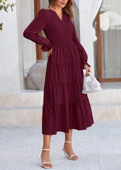 Brick Red Swiss Dot Smocked Tiered Maxi Dress - Long Sleeve, photo 101