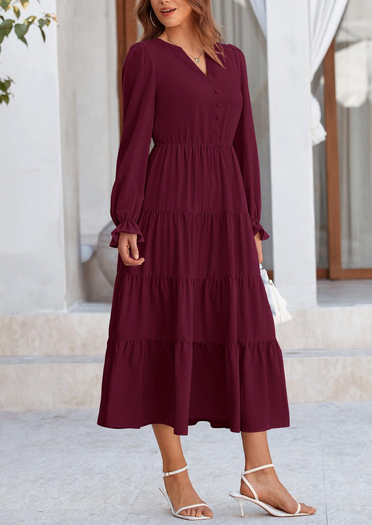 Brick Red Swiss Dot Smocked Tiered Maxi Dress - Long Sleeve, photo 102