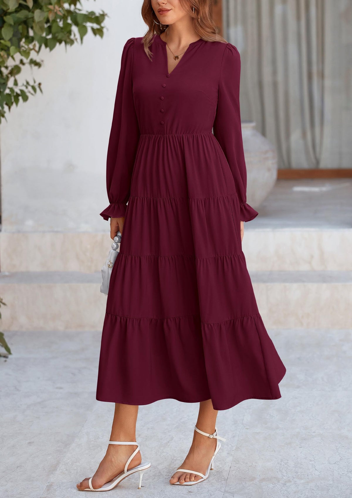 Brick Red Swiss Dot Smocked Tiered Maxi Dress - Long Sleeve, photo 103