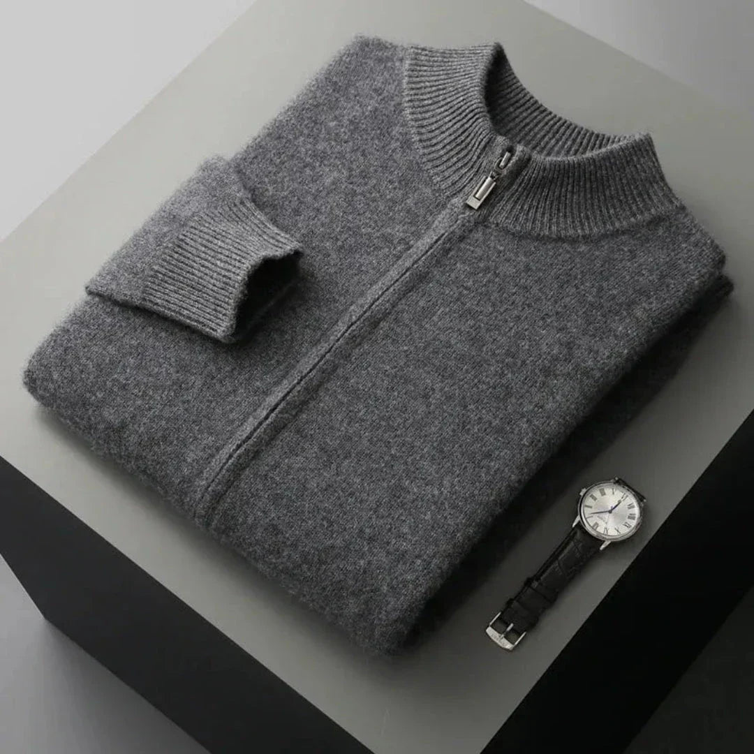Men's gray wool zip cardigan with ribbed collar, cuffs, and full metal zipper closure
