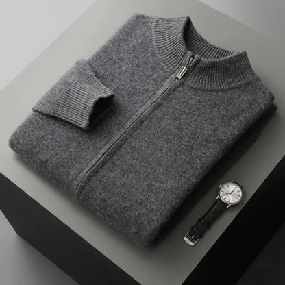 Men's gray wool zip cardigan with ribbed collar, cuffs, and full metal zipper closure