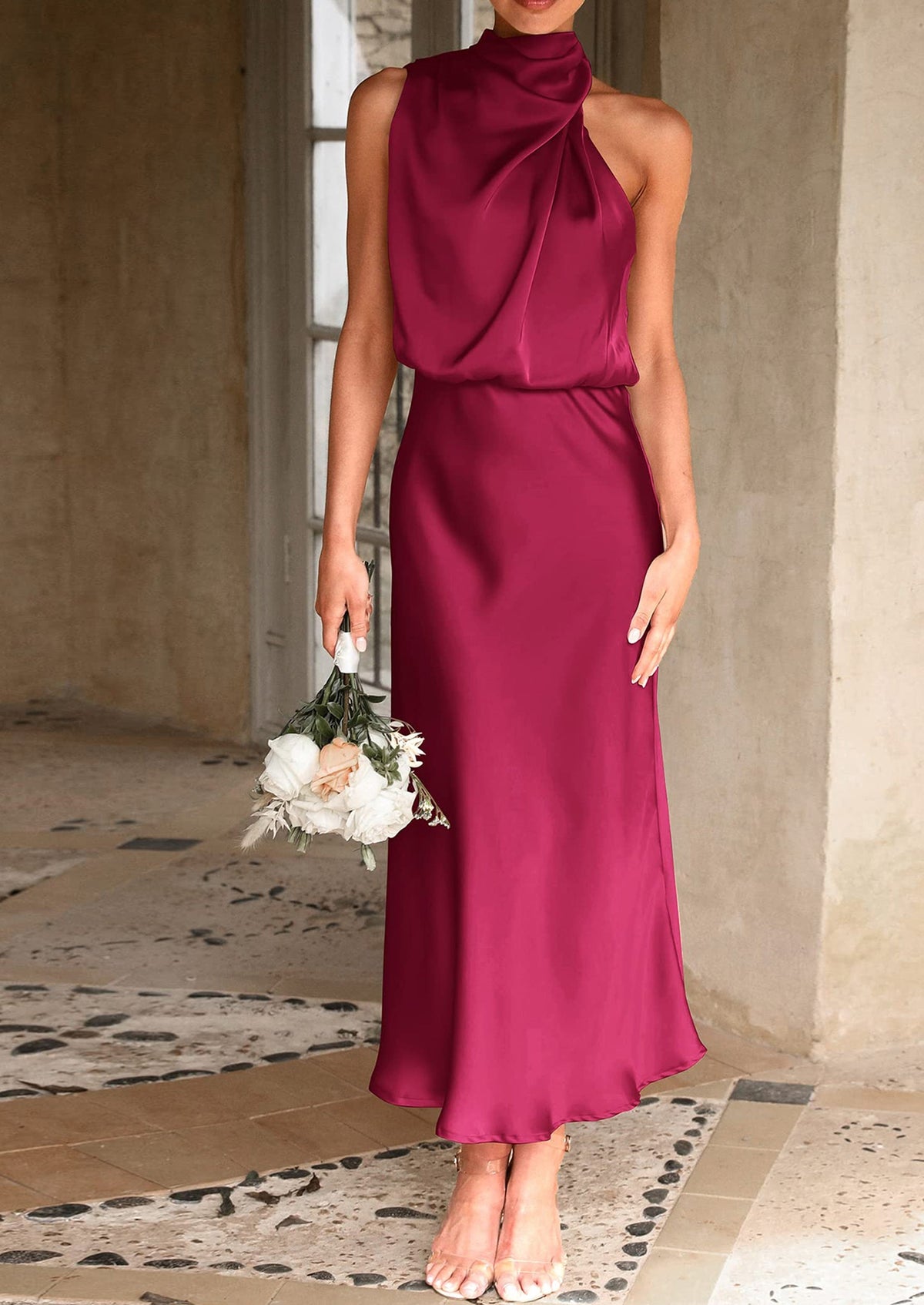 Satin Maxi Dress - Sleeveless, Mock Neck, Cocktail - photo 61