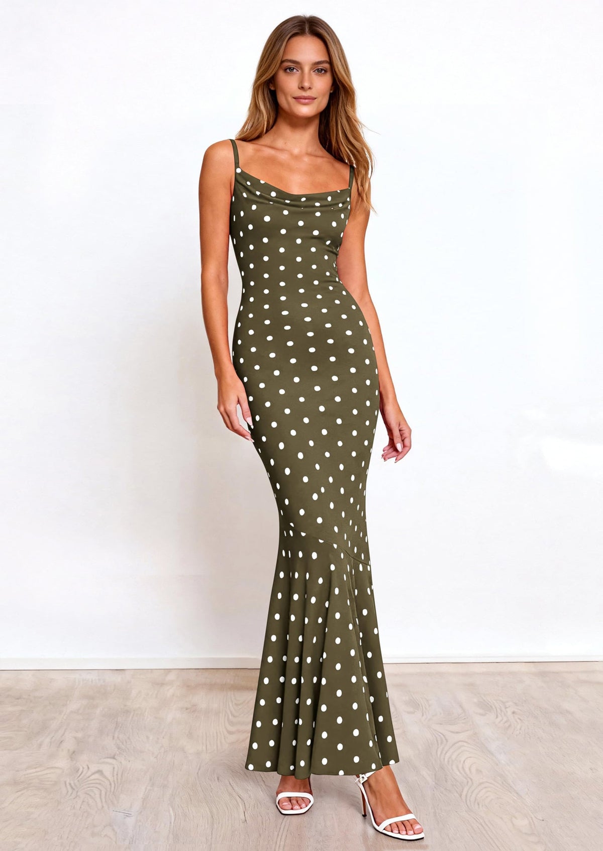 Polka Dot Bodycon Mermaid Maxi Dress - Spaghetti Strap, Cowl - photo 1