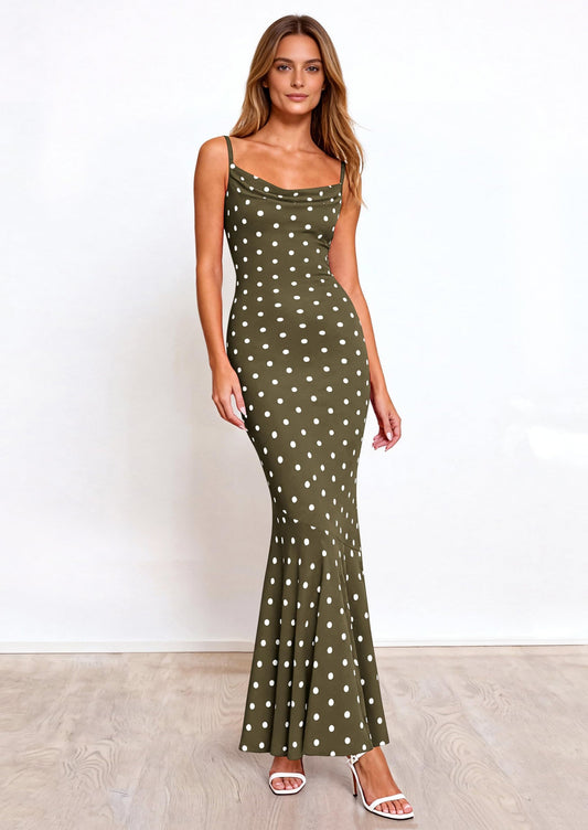 Polka Dot Bodycon Mermaid Maxi Dress - Spaghetti Strap, Cowl - photo 1