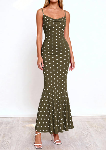 Polka Dot Bodycon Mermaid Maxi Dress - Spaghetti Strap, Cowl - photo 3