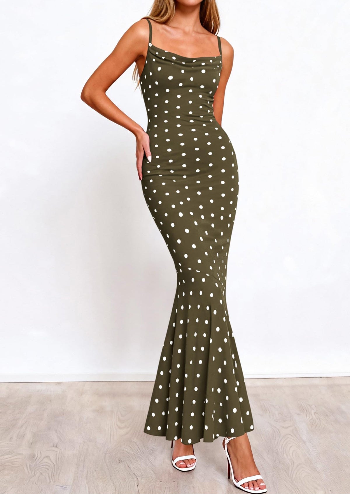 Polka Dot Bodycon Mermaid Maxi Dress - Spaghetti Strap, Cowl - photo 4