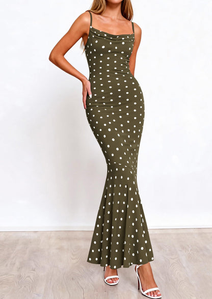 Polka Dot Bodycon Mermaid Maxi Dress - Spaghetti Strap, Cowl - photo 4
