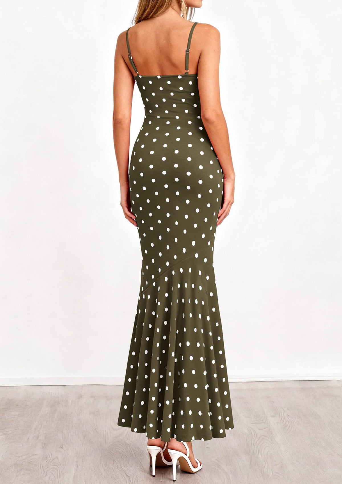 Polka Dot Bodycon Mermaid Maxi Dress - Spaghetti Strap, Cowl - photo 2