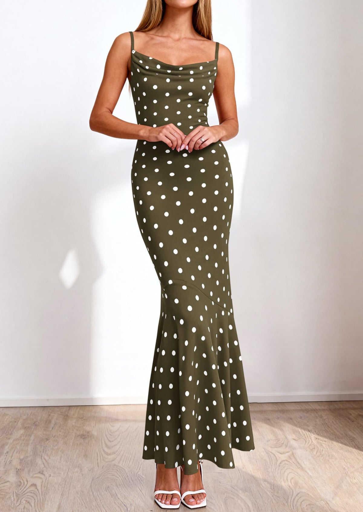 Polka Dot Bodycon Mermaid Maxi Dress - Spaghetti Strap, Cowl - photo 5