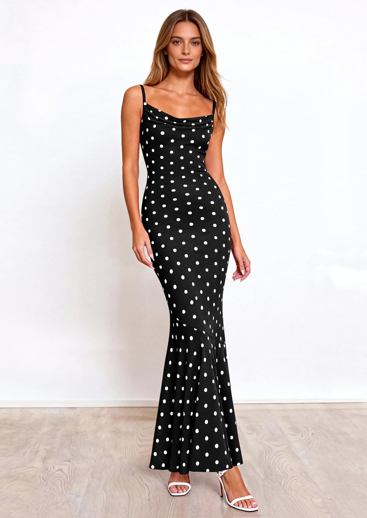 Polka Dot Bodycon Mermaid Maxi Dress - Spaghetti Strap, Cowl - photo 7