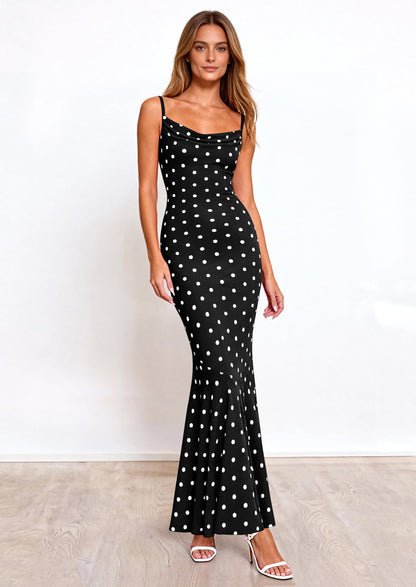 Polka Dot Bodycon Mermaid Maxi Dress - Spaghetti Strap, Cowl - photo 7