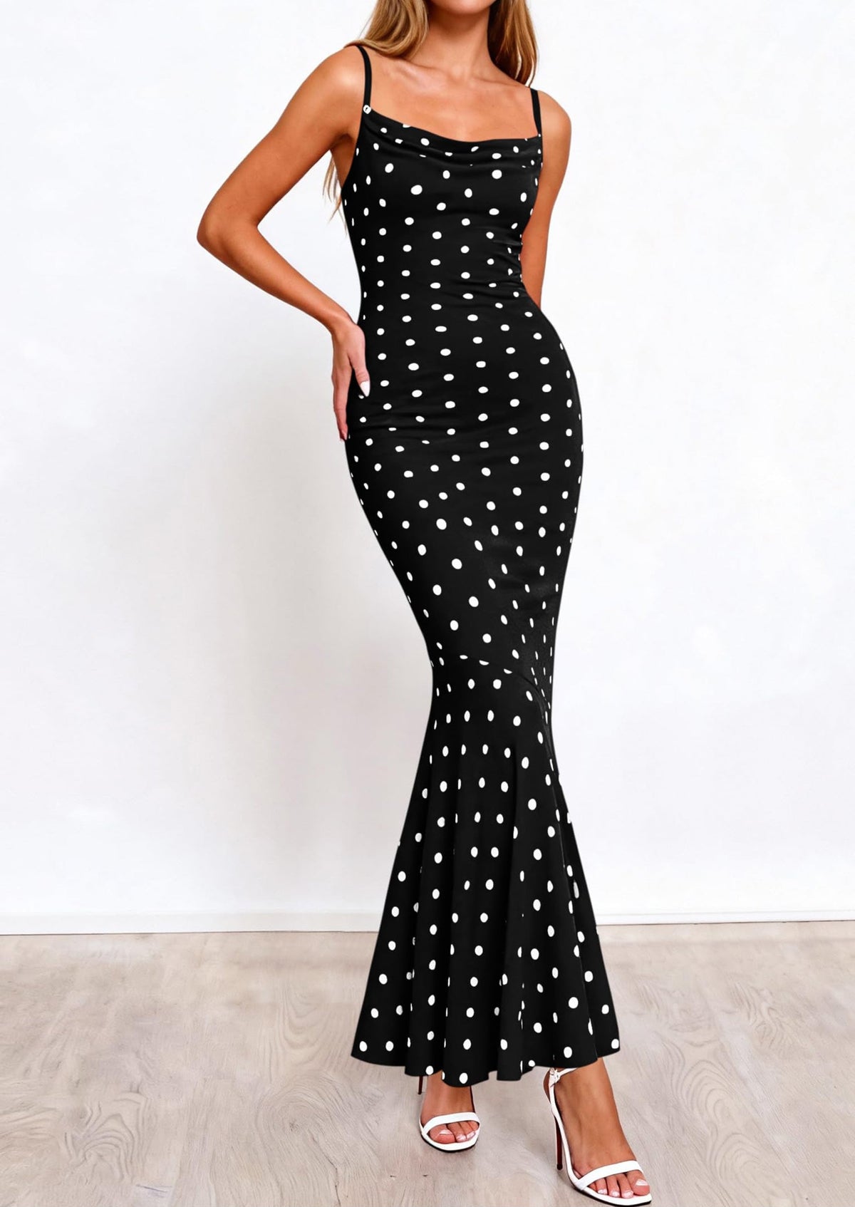 Polka Dot Bodycon Mermaid Maxi Dress - Spaghetti Strap, Cowl - photo 9