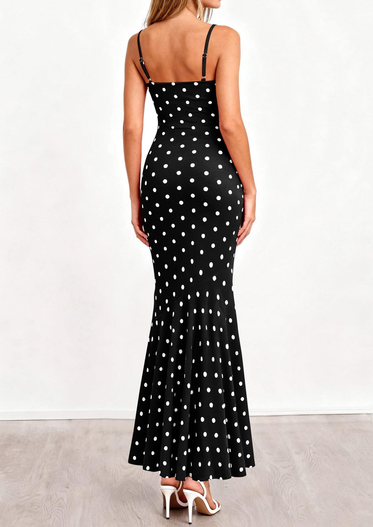 Polka Dot Bodycon Mermaid Maxi Dress - Spaghetti Strap, Cowl - photo 8