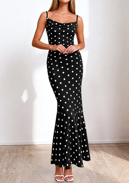 Polka Dot Bodycon Mermaid Maxi Dress - Spaghetti Strap, Cowl - photo 10