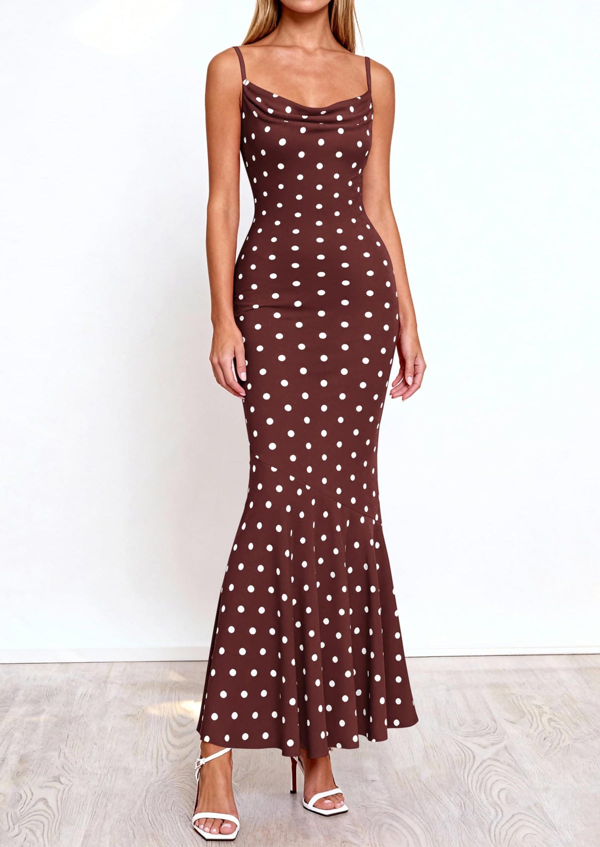 Polka Dot Bodycon Mermaid Maxi Dress - Spaghetti Strap, Cowl - photo 24