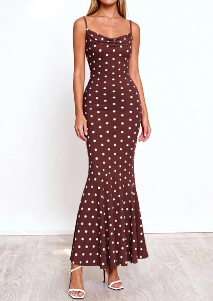 Polka Dot Bodycon Mermaid Maxi Dress - Spaghetti Strap, Cowl - photo 24
