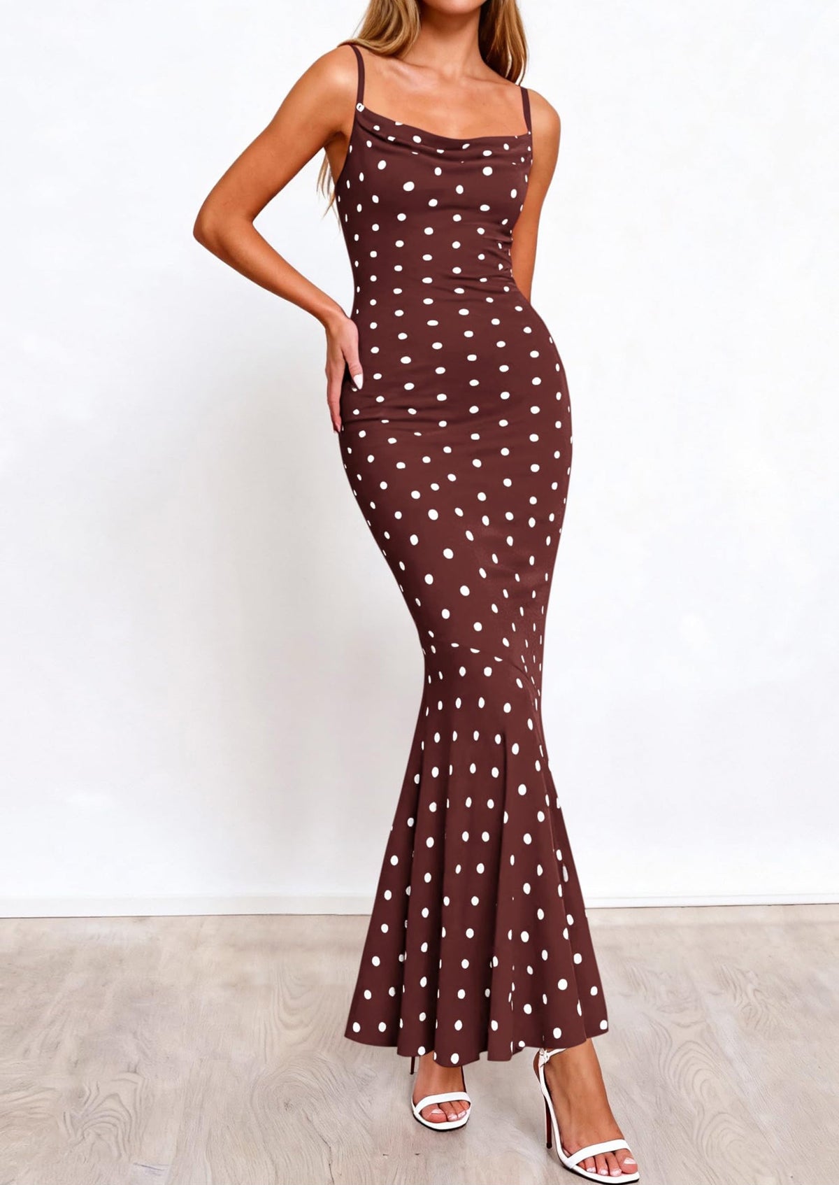 Polka Dot Bodycon Mermaid Maxi Dress - Spaghetti Strap, Cowl - photo 25