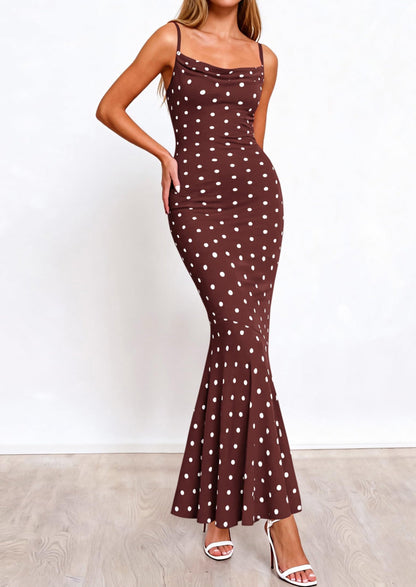 Polka Dot Bodycon Mermaid Maxi Dress - Spaghetti Strap, Cowl - photo 25