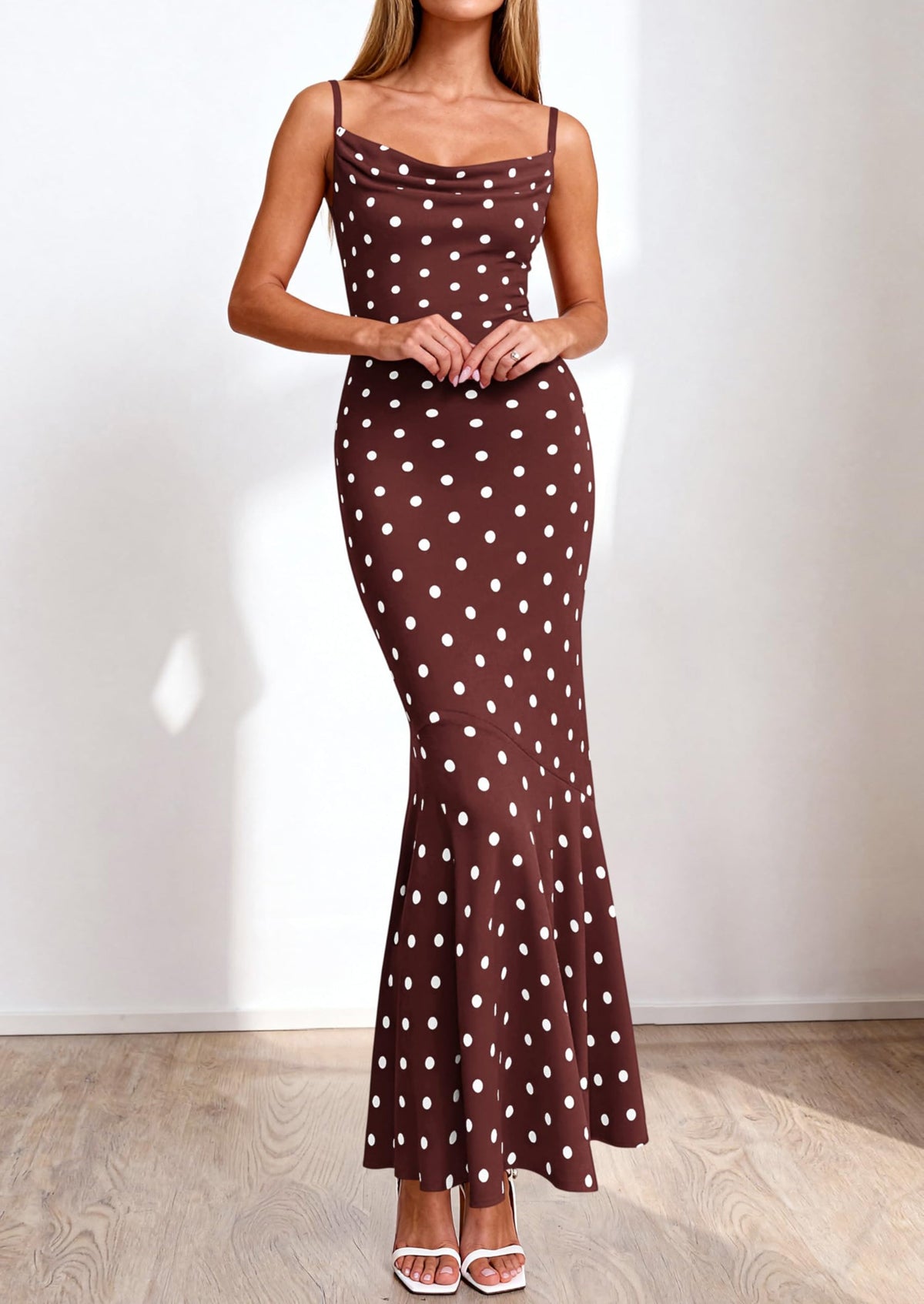 Polka Dot Bodycon Mermaid Maxi Dress - Spaghetti Strap, Cowl - photo 26