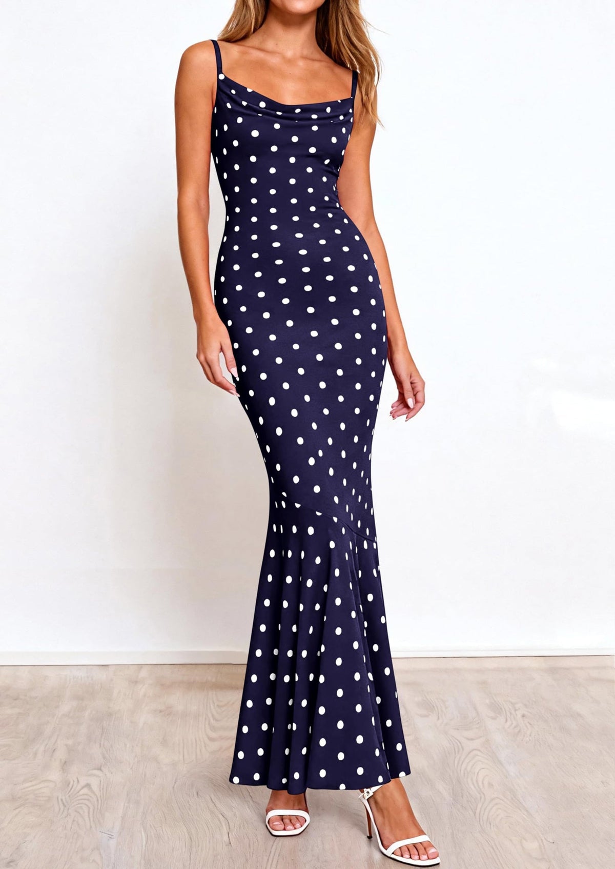 Polka Dot Bodycon Mermaid Maxi Dress - Spaghetti Strap, Cowl - photo 14