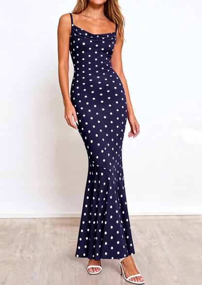 Polka Dot Bodycon Mermaid Maxi Dress - Spaghetti Strap, Cowl - photo 14