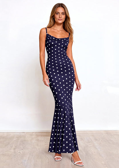 Polka Dot Bodycon Mermaid Maxi Dress - Spaghetti Strap, Cowl - photo 12