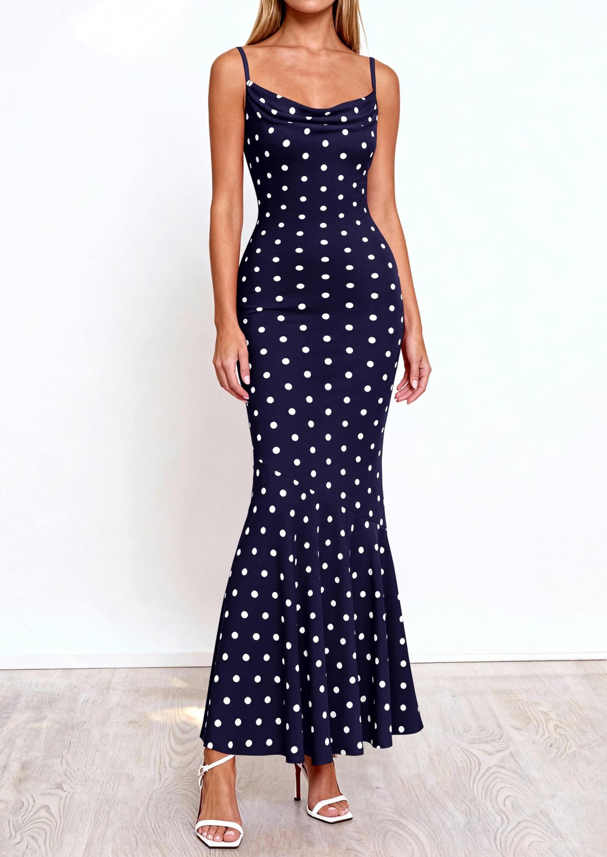 Polka Dot Bodycon Mermaid Maxi Dress - Spaghetti Strap, Cowl - photo 15