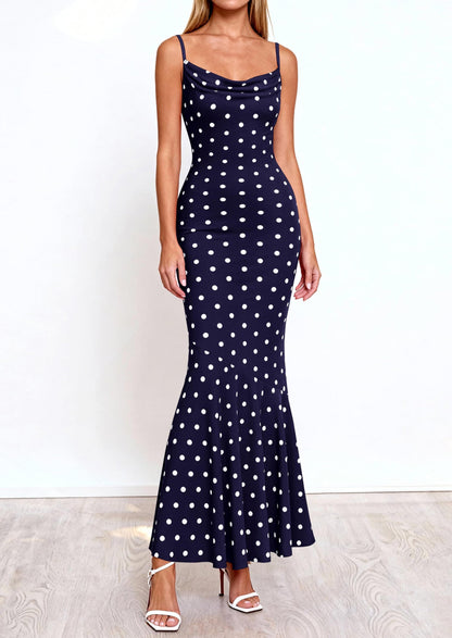 Polka Dot Bodycon Mermaid Maxi Dress - Spaghetti Strap, Cowl - photo 15