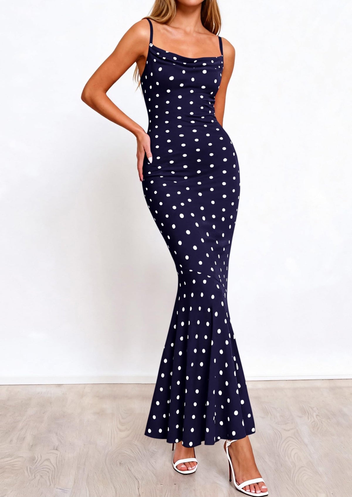 Polka Dot Bodycon Mermaid Maxi Dress - Spaghetti Strap, Cowl - photo 11