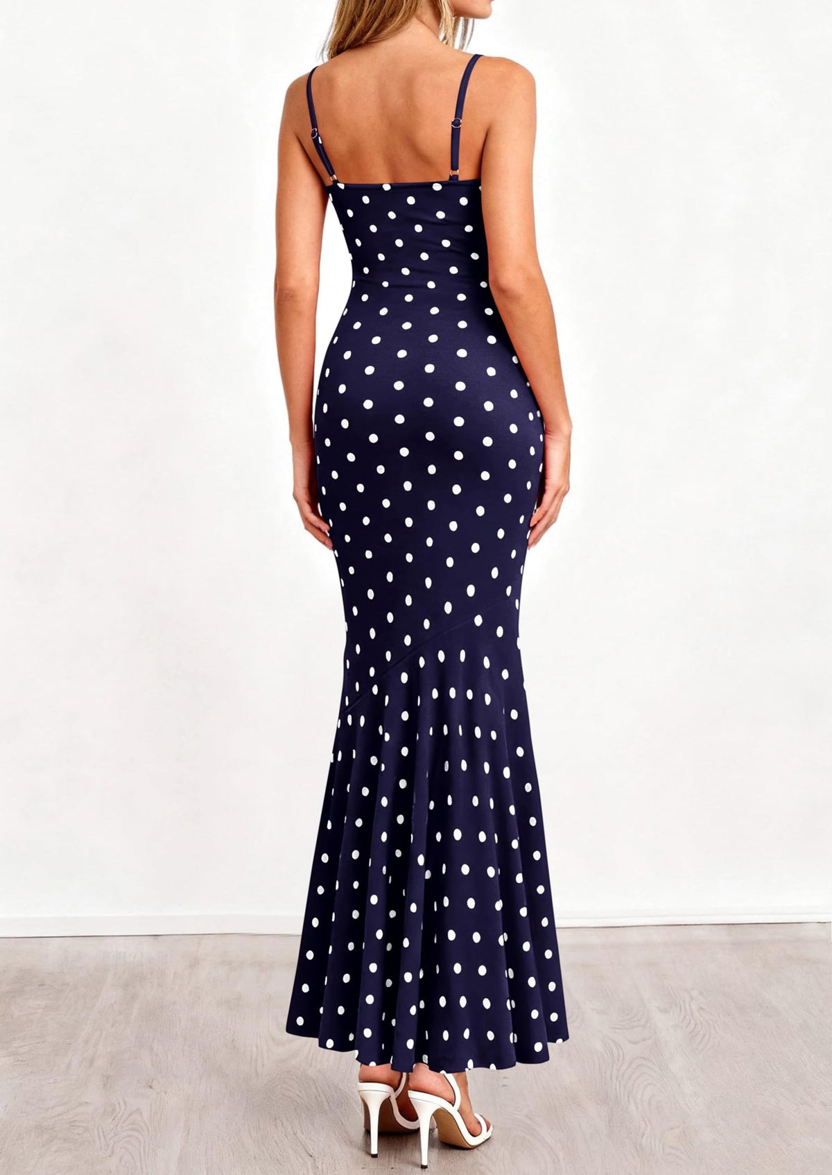 Polka Dot Bodycon Mermaid Maxi Dress - Spaghetti Strap, Cowl - photo 13