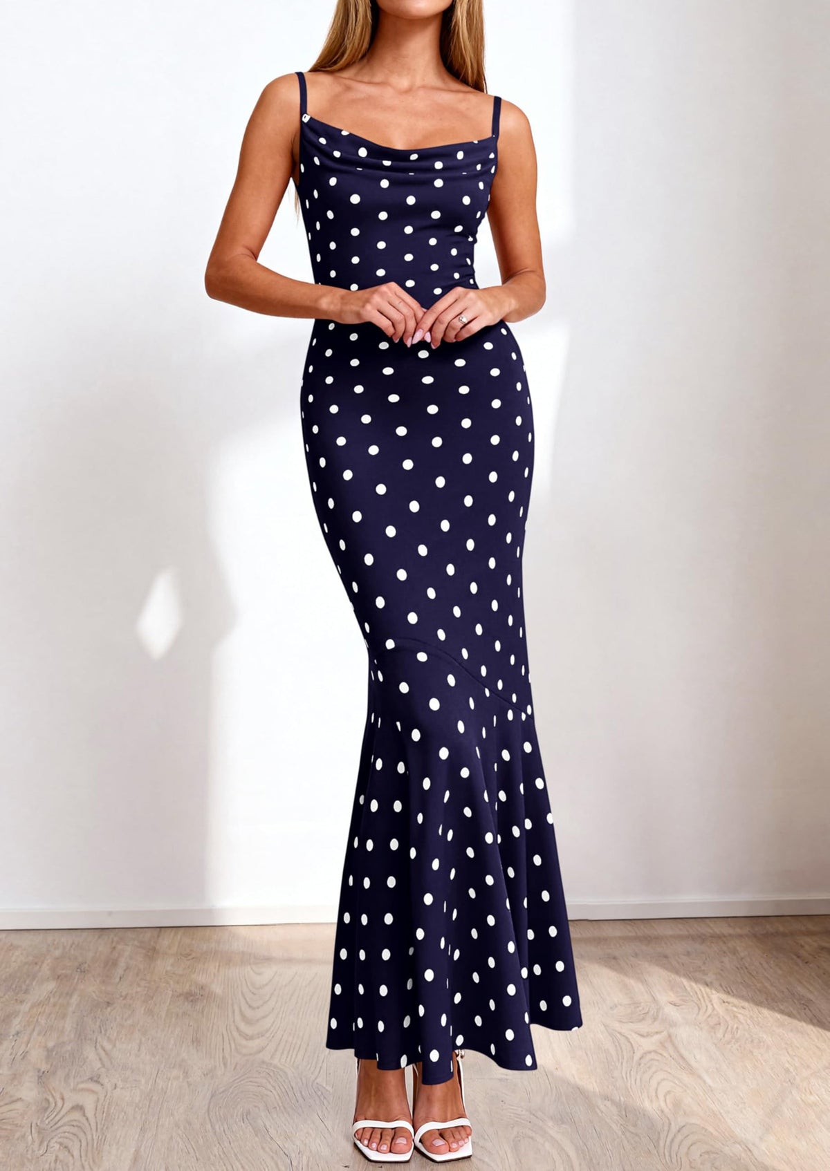 Polka Dot Bodycon Mermaid Maxi Dress - Spaghetti Strap, Cowl - photo 16