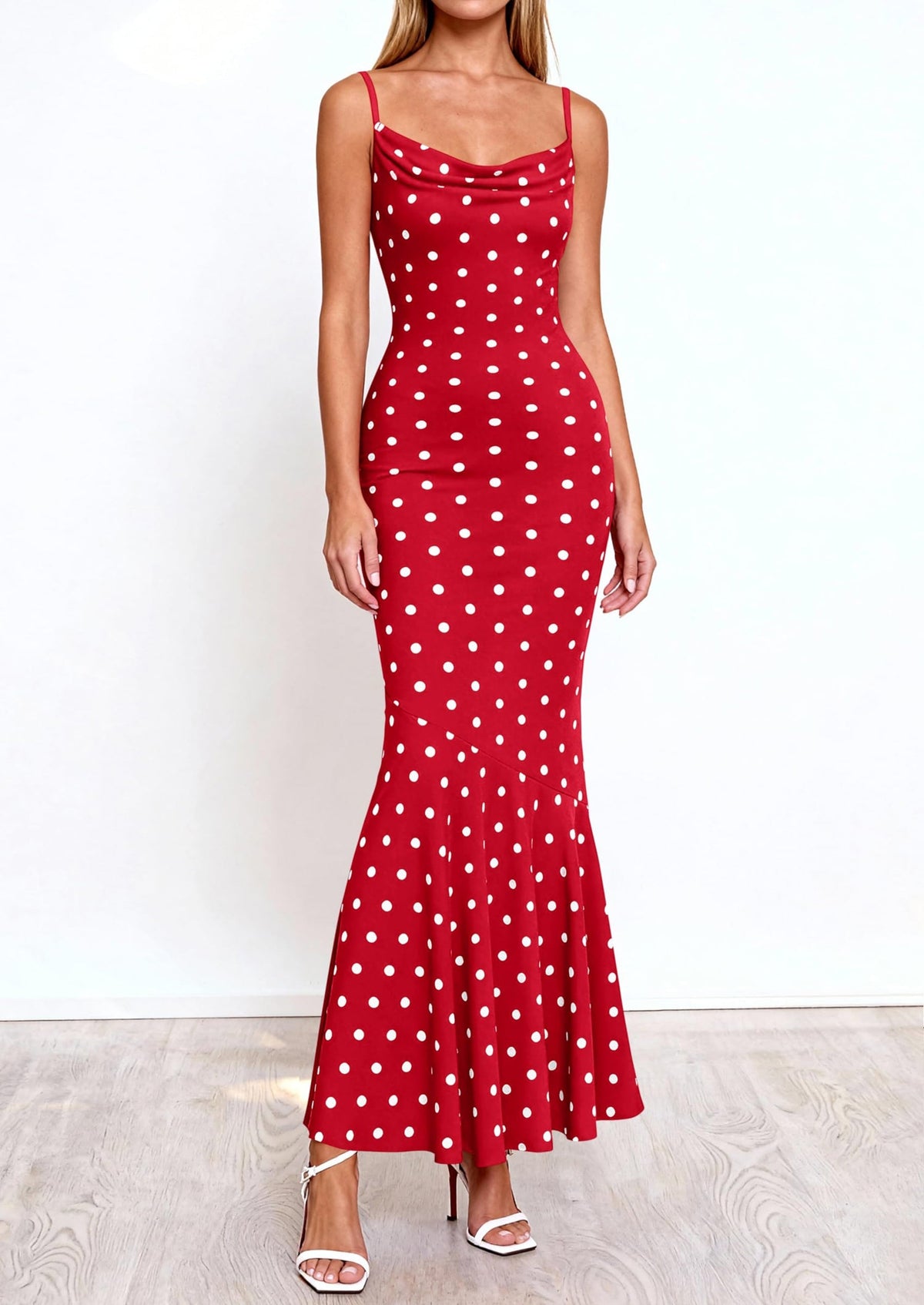 Polka Dot Bodycon Mermaid Maxi Dress - Spaghetti Strap, Cowl - photo 29