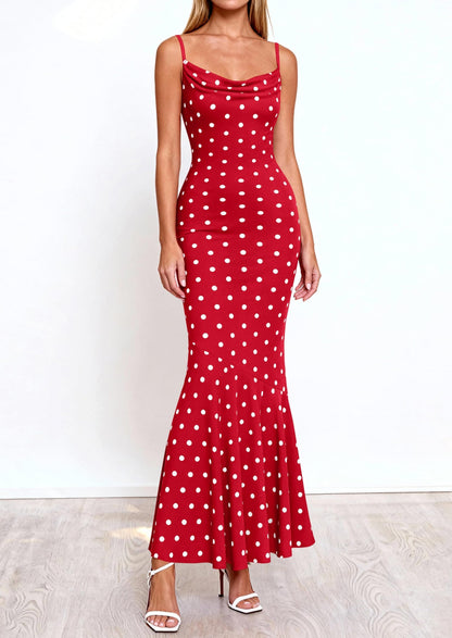 Polka Dot Bodycon Mermaid Maxi Dress - Spaghetti Strap, Cowl - photo 29