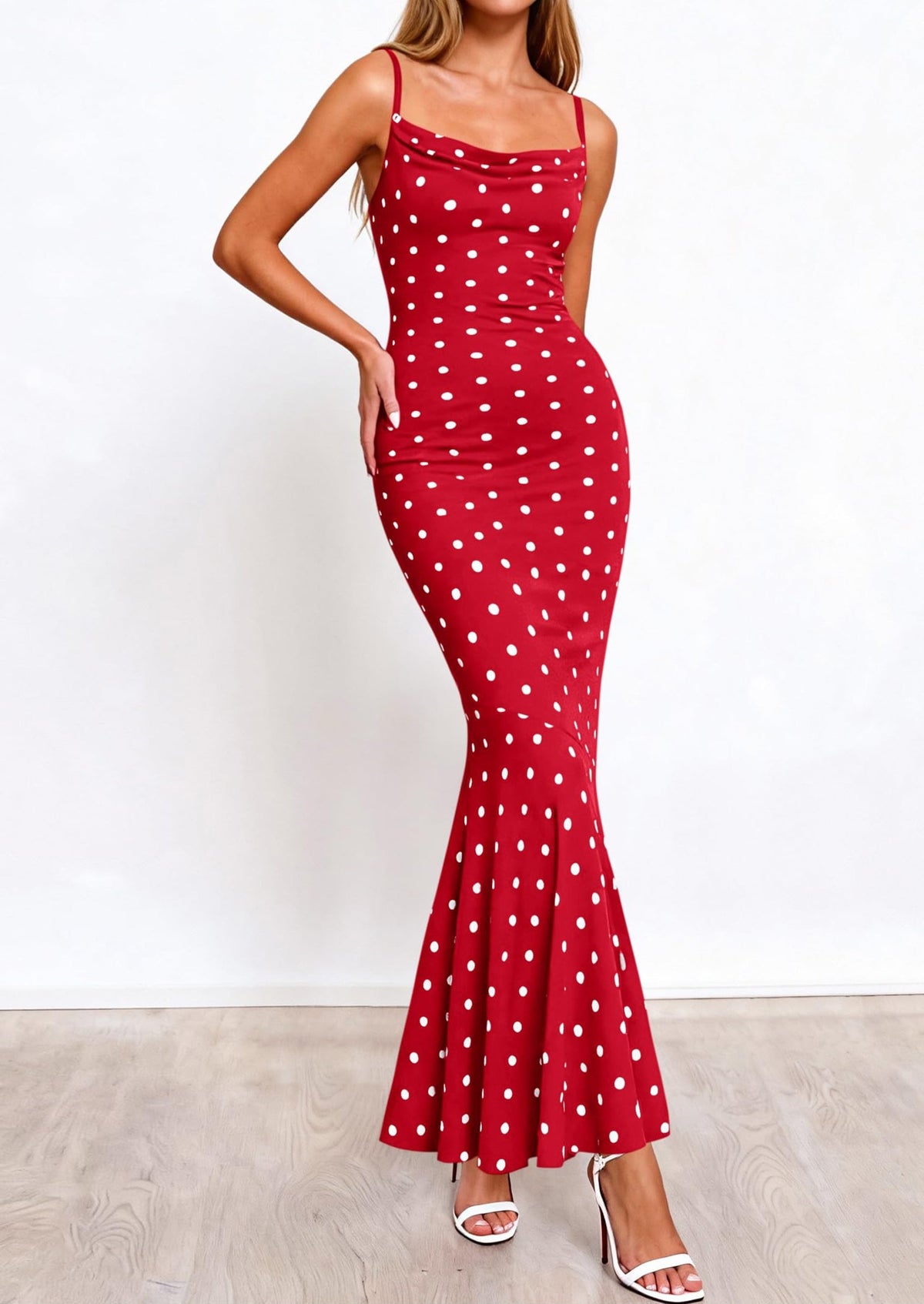 Polka Dot Bodycon Mermaid Maxi Dress - Spaghetti Strap, Cowl - photo 30