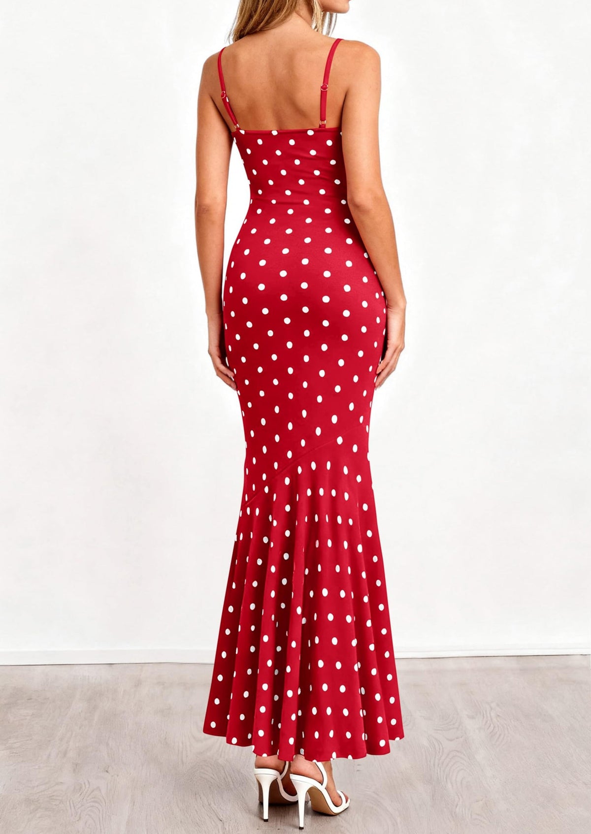 Polka Dot Bodycon Mermaid Maxi Dress - Spaghetti Strap, Cowl - photo 28