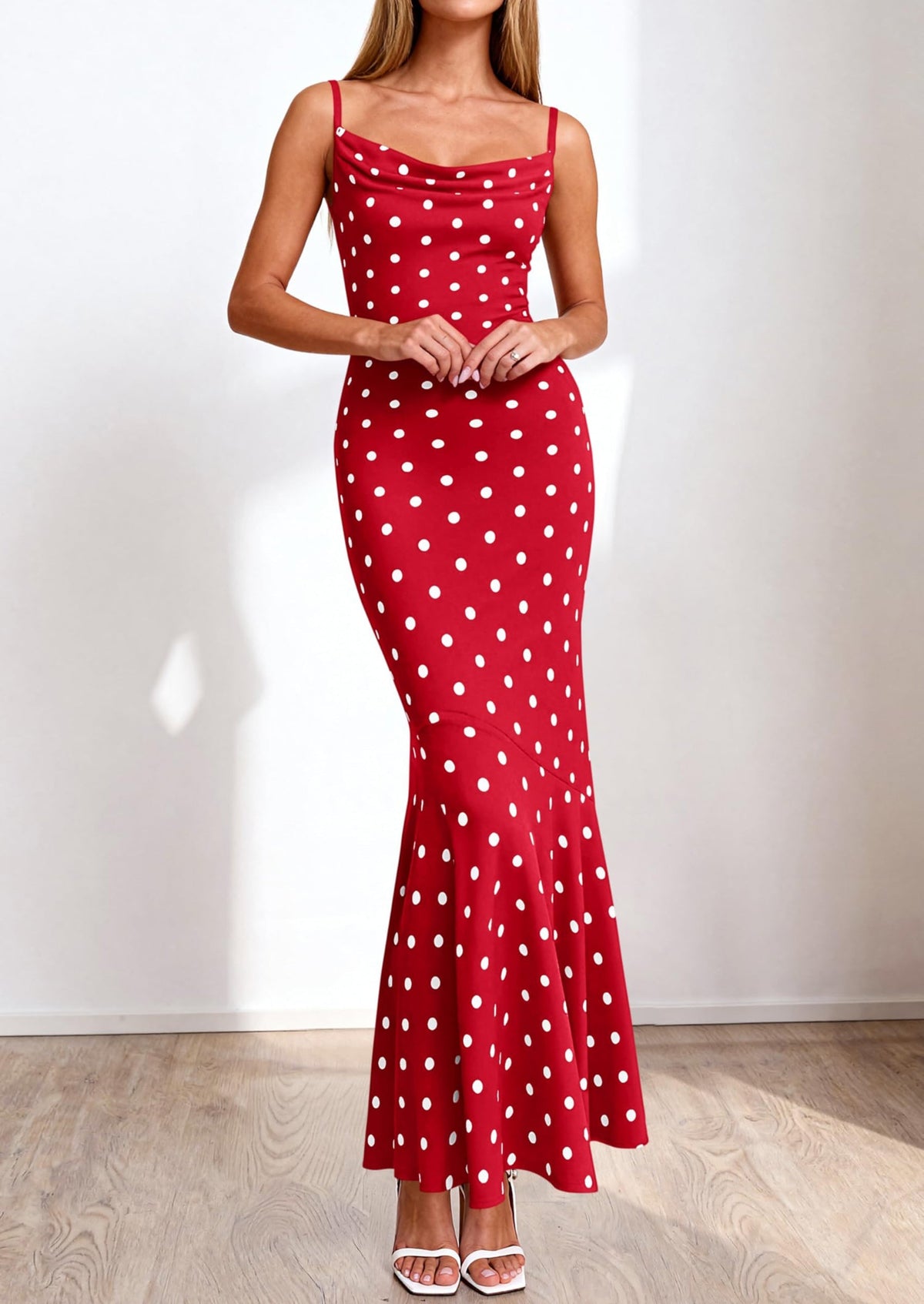 Polka Dot Bodycon Mermaid Maxi Dress - Spaghetti Strap, Cowl - photo 31