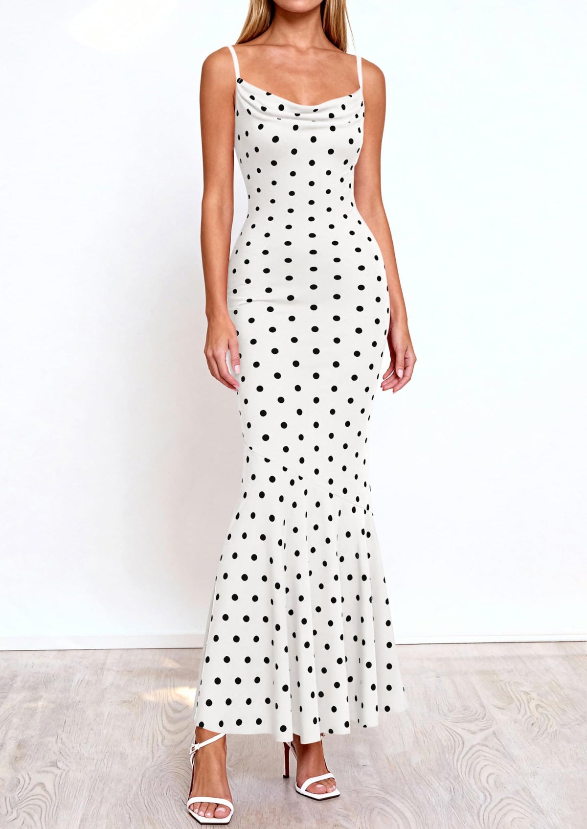 Polka Dot Bodycon Mermaid Maxi Dress - Spaghetti Strap, Cowl - photo 20