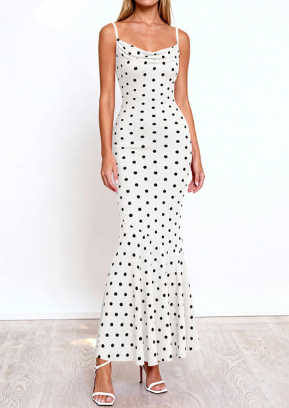 Polka Dot Bodycon Mermaid Maxi Dress - Spaghetti Strap, Cowl - photo 20