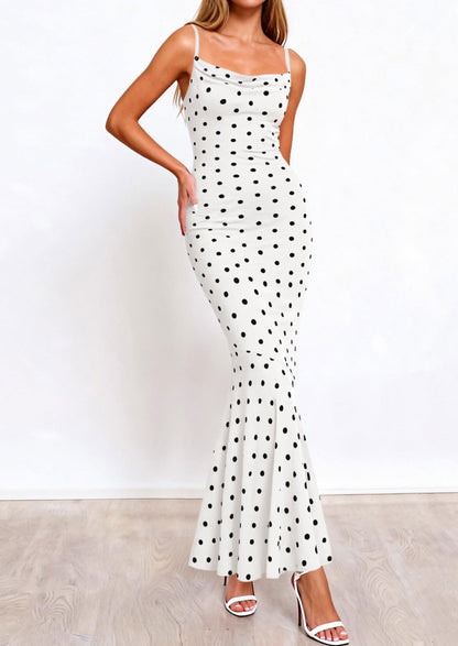 Polka Dot Bodycon Mermaid Maxi Dress - Spaghetti Strap, Cowl - photo 19
