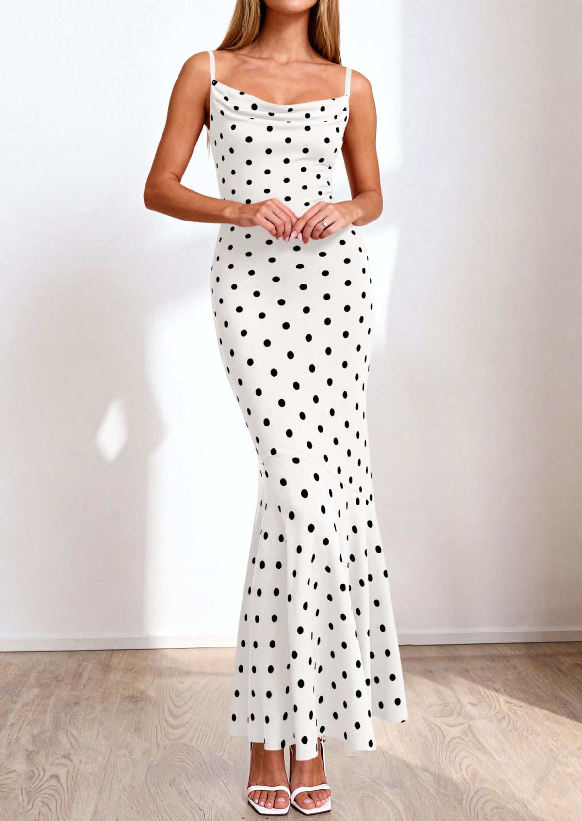 Polka Dot Bodycon Mermaid Maxi Dress - Spaghetti Strap, Cowl - photo 21