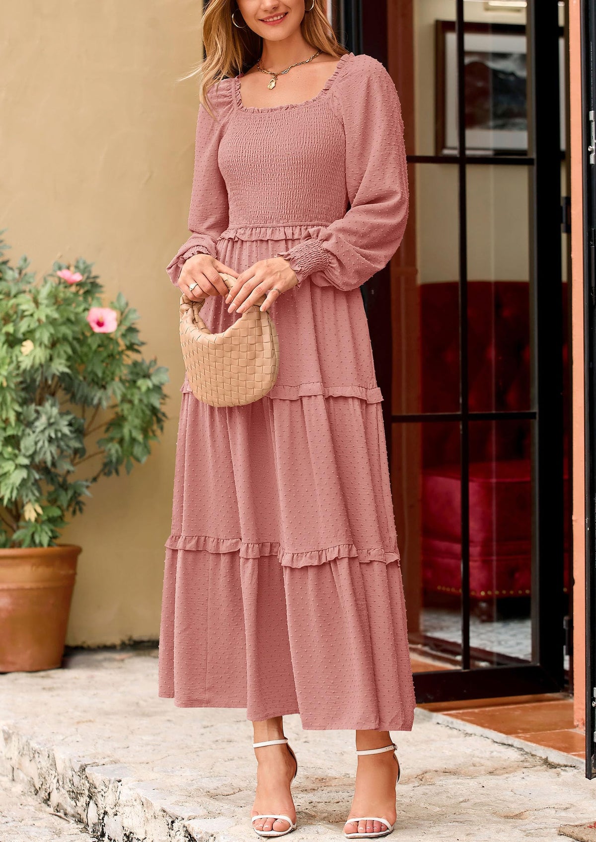 Beige Swiss Dot Smocked Tiered Maxi Dress - Long Sleeve, photo 96