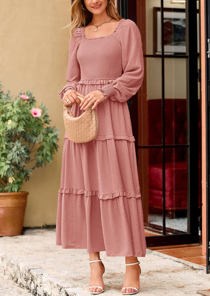 Beige Swiss Dot Smocked Tiered Maxi Dress - Long Sleeve, photo 96