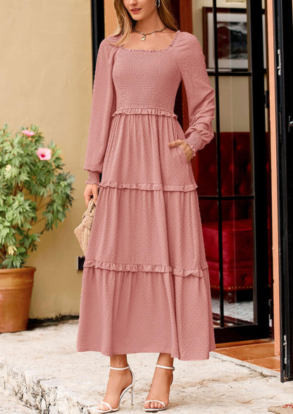 Beige Swiss Dot Smocked Tiered Maxi Dress - Long Sleeve, photo 99